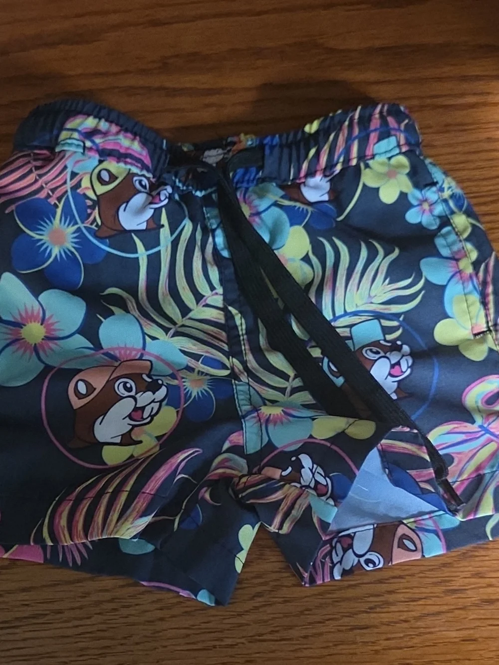 Kids Black Tropical Chipmunk Print Swim Trunks with Drawstring